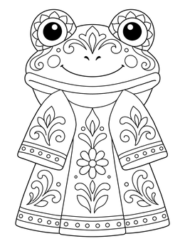 A smiling frog puppet made of folded towels on this hygiene coloring page.