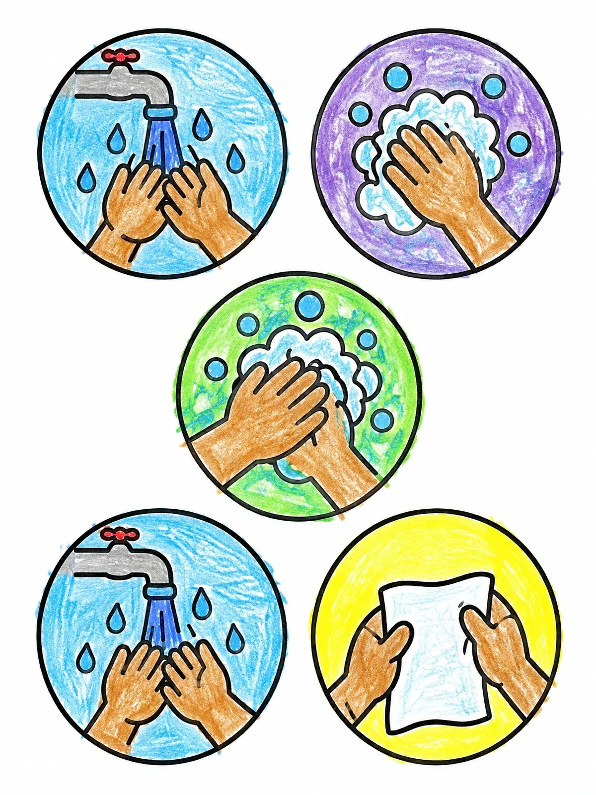 Colored example of the Five Steps To Wash Hands coloring page