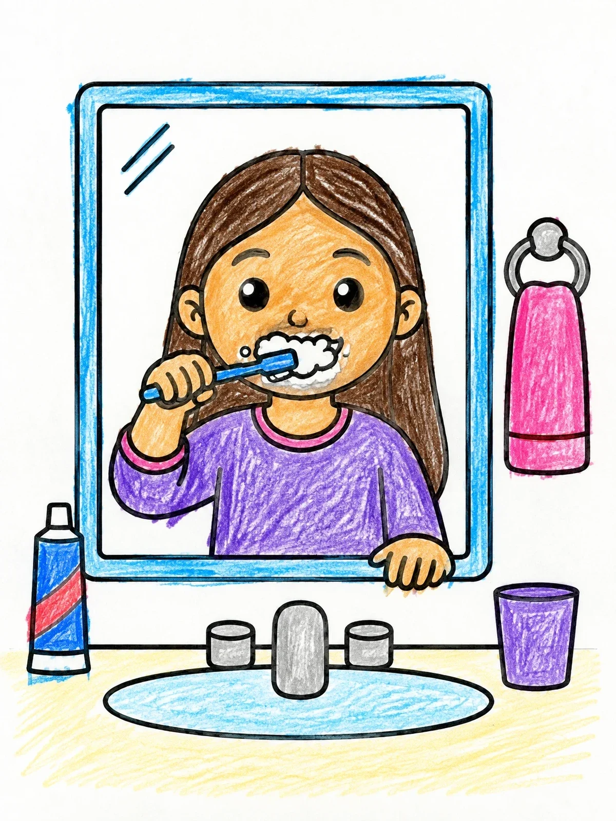 Colored example of the Girl Brushing Teeth In Bathroom coloring page