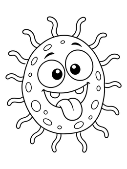 A hygiene coloring page featuring a goofy cartoon microbe sticking its tongue out.