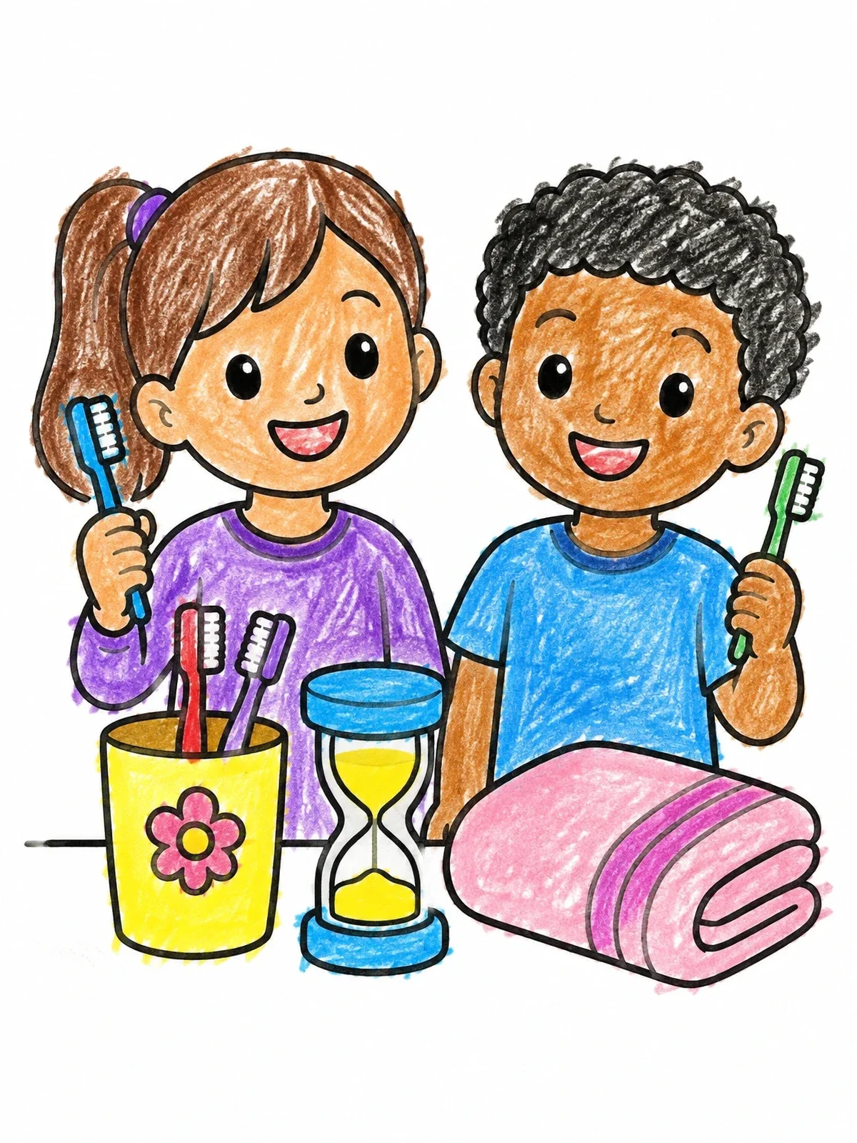 Colored example of the Kids Brushing Teeth With Timer coloring page