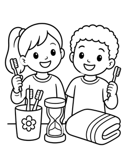 Happy boy and girl holding brushes in this hygiene coloring page.