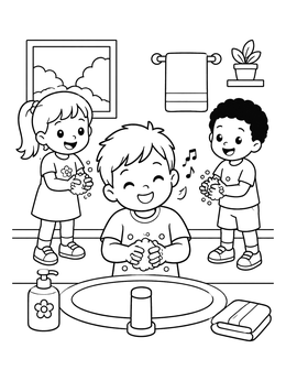 Free printable Happy Children Washing Their Hands coloring page