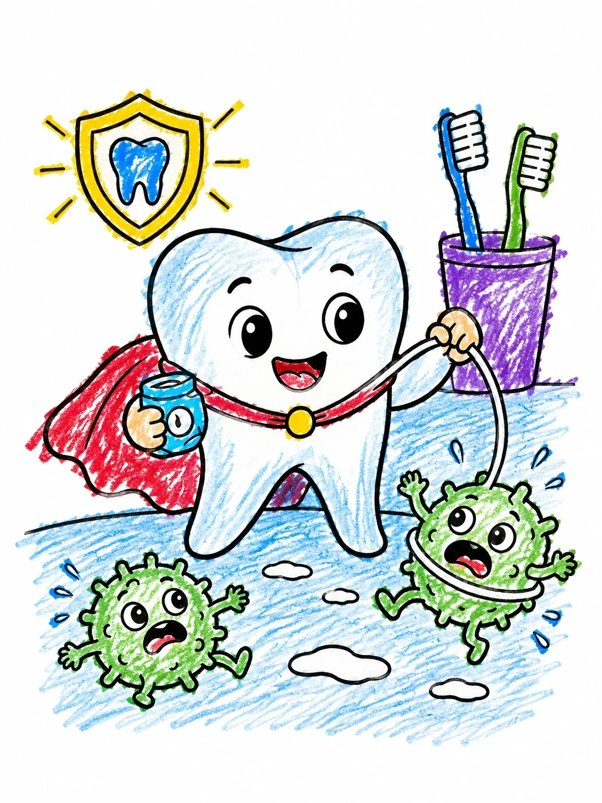 Colored example of the Superhero Tooth Defeating Germs coloring page