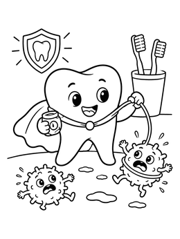 A superhero tooth uses dental floss against germs in this hygiene coloring page.