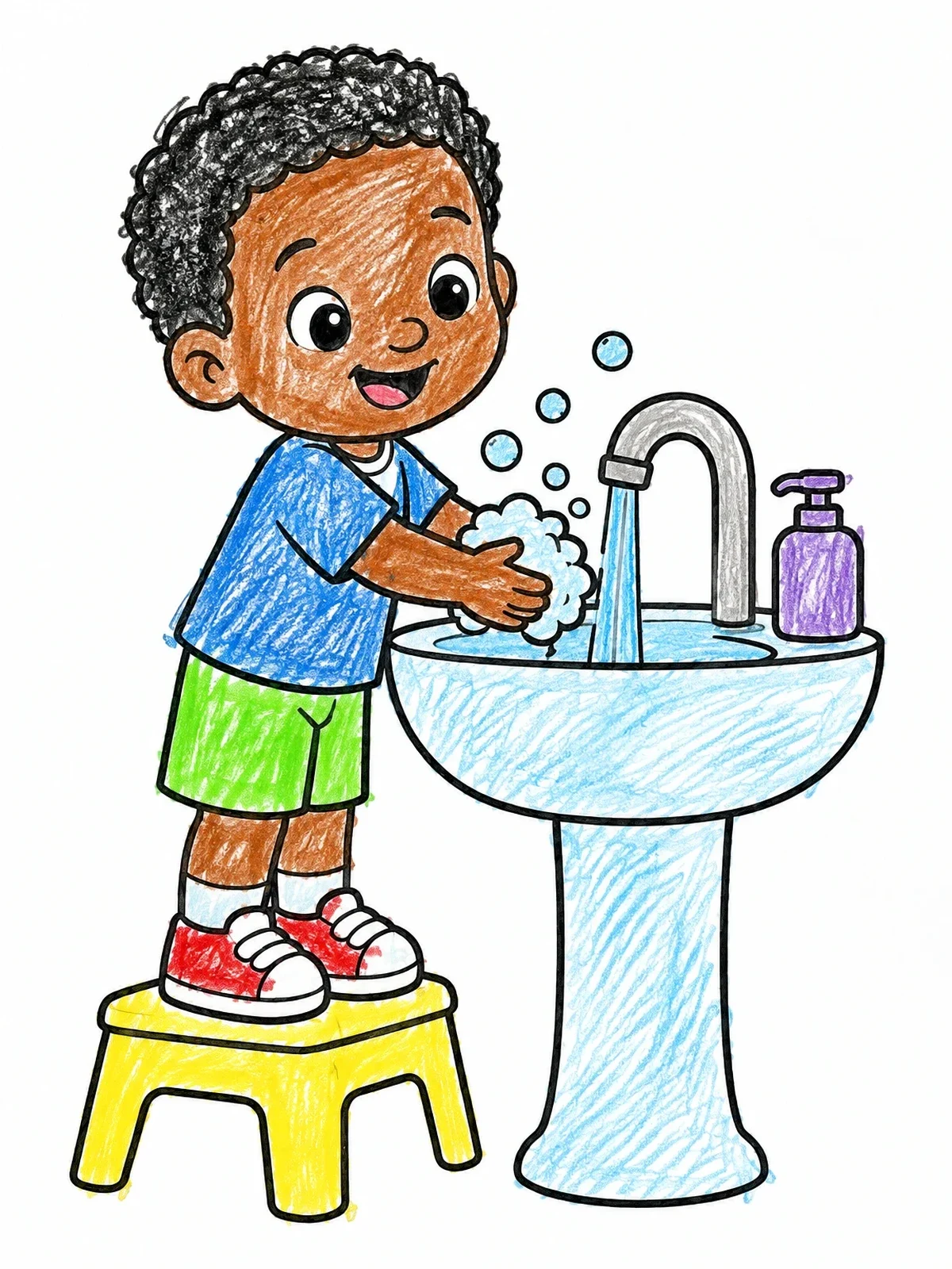 Colored example of the Toddler Washing Hands On Stool coloring page