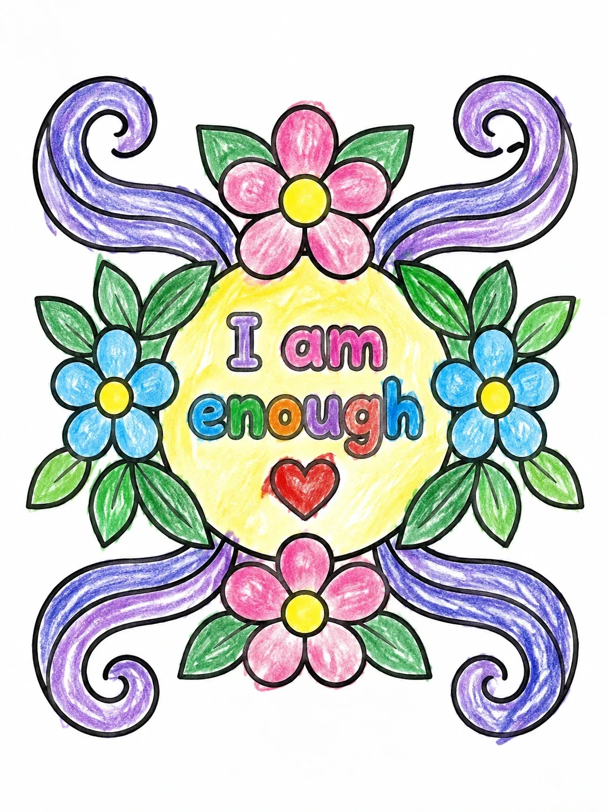 Colored example of the I Am Enough Floral Frame coloring page