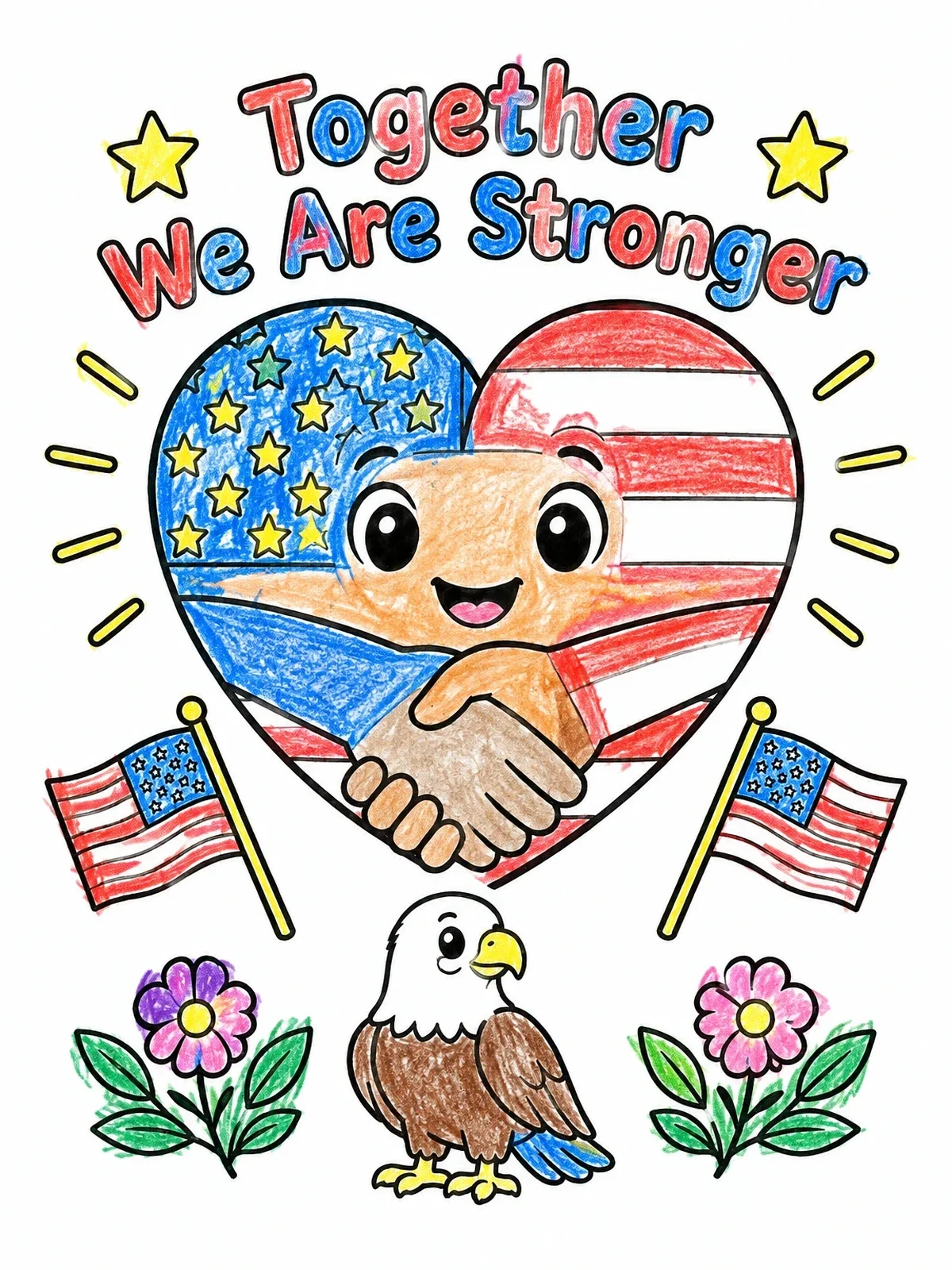 Colored example of the Together We Are Stronger Heart Handshake coloring page