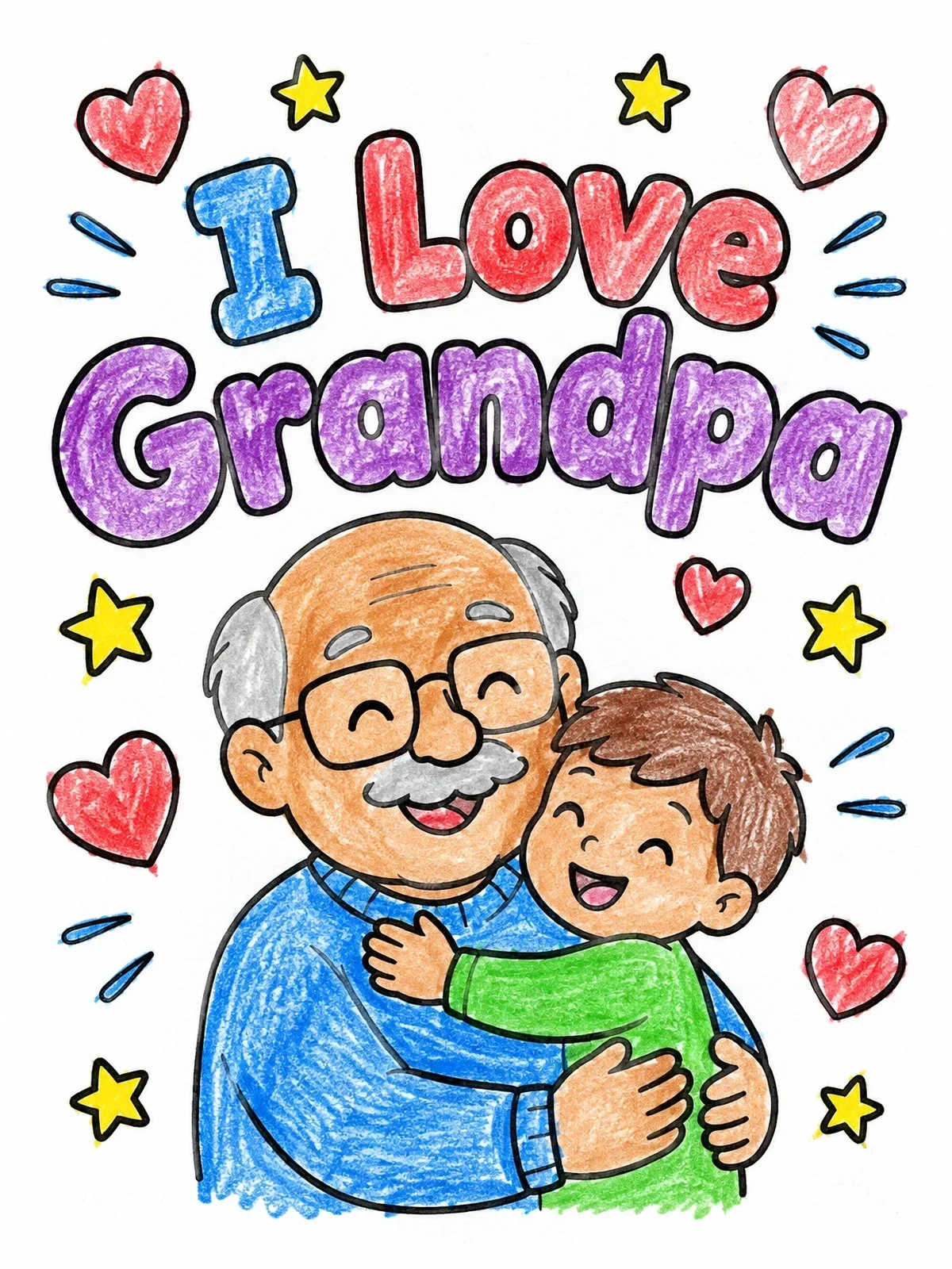 Colored example of the I Love Grandpa Hug coloring page