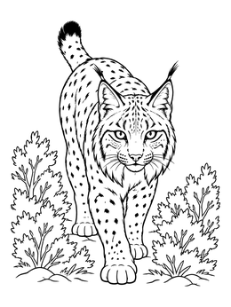 A detailed lynx coloring page showing a spotted wildcat walking forward through low bushes.