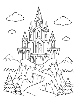 Free printable Ice Castle On Snowy Mountain Peak coloring page