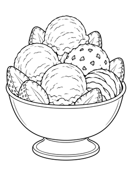 A delicious ice cream scoops coloring page with strawberries served in an elegant dessert bowl.