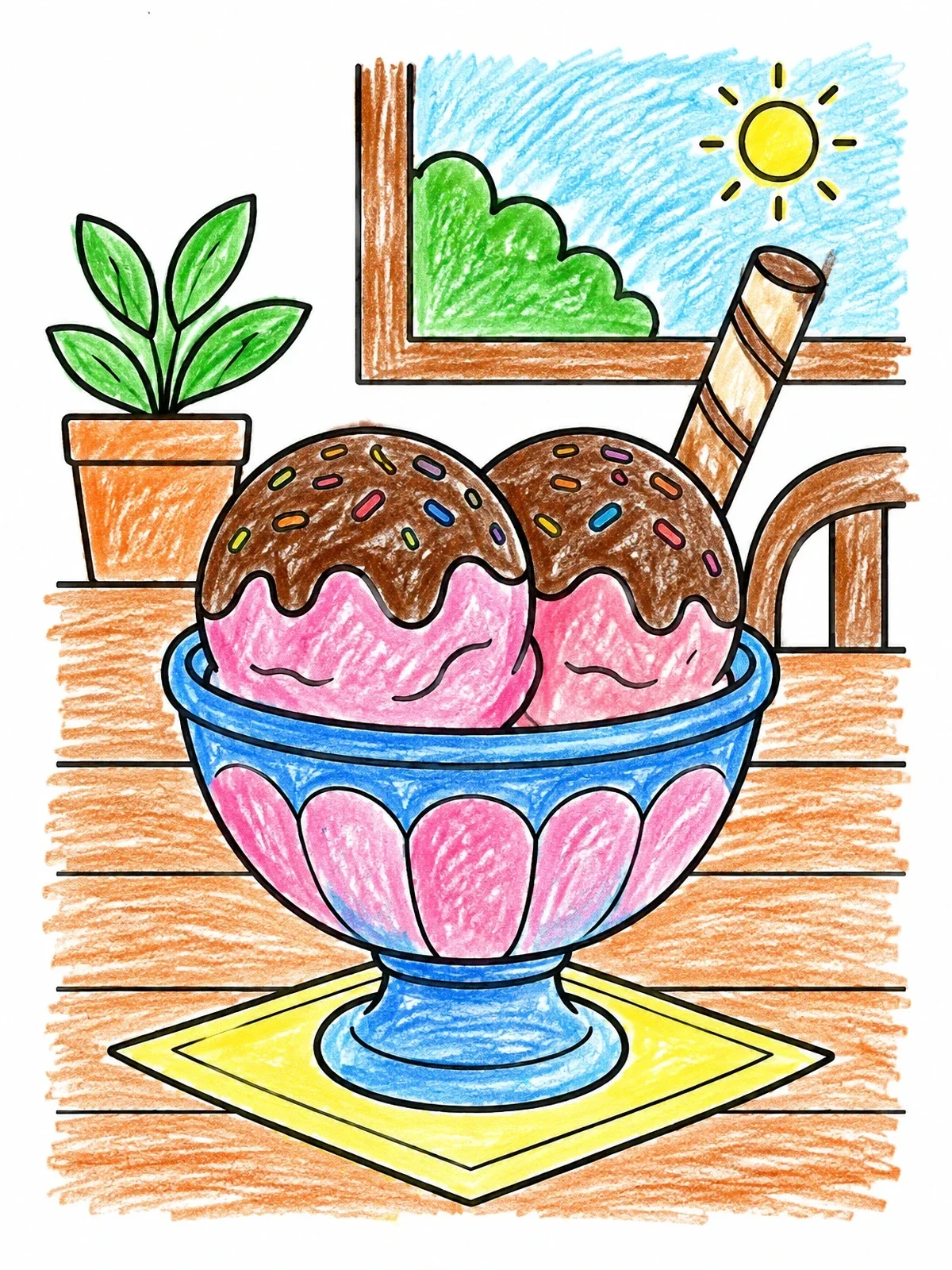 Colored example of the Sweet Ice Cream Bowl By The Window coloring page
