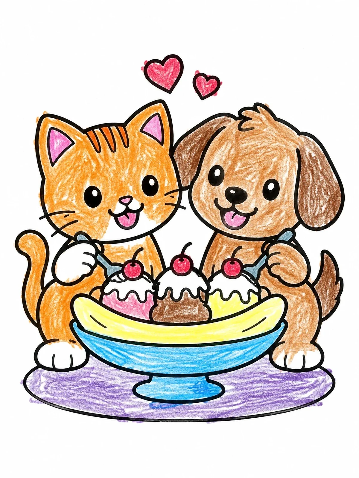 Colored example of the Cat And Puppy Sharing Banana Split coloring page