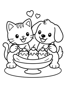A cute cat and dog share a sundae in this sweet ice cream coloring page.