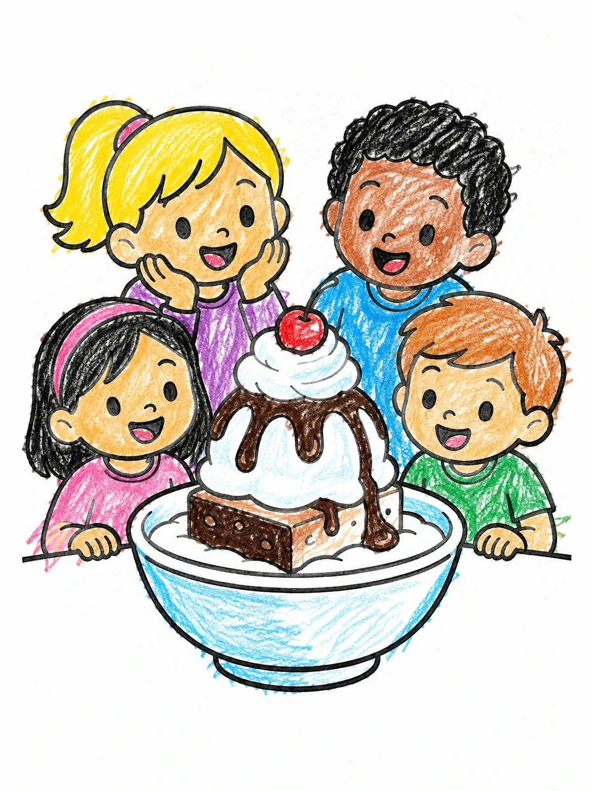 Colored example of the Children Sharing A Brownie Sundae coloring page