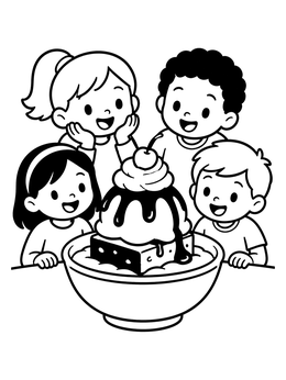 Happy children around a giant sundae in an ice cream coloring page.