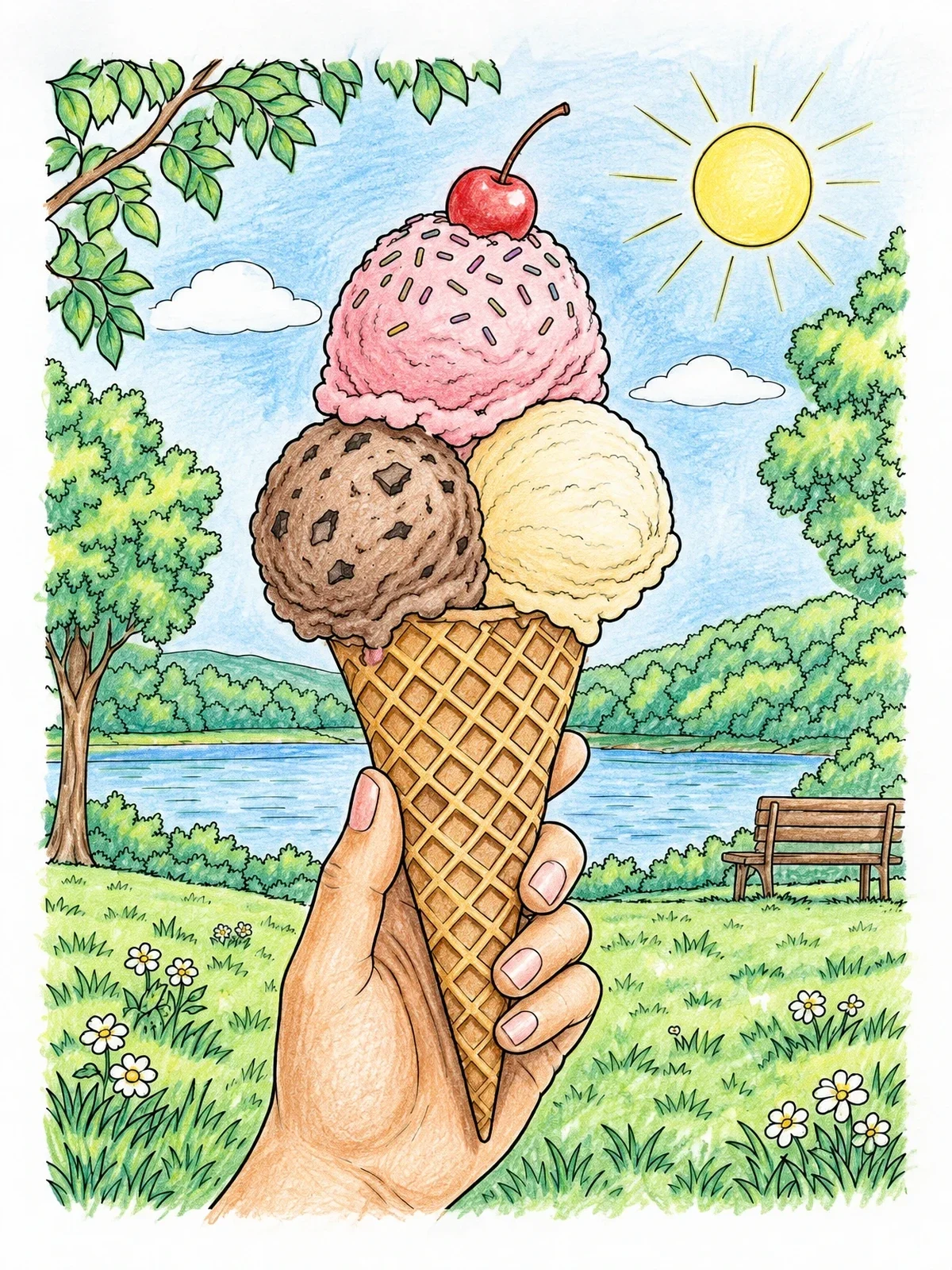 Colored example of the Ice Cream Cone In Sunny Park coloring page