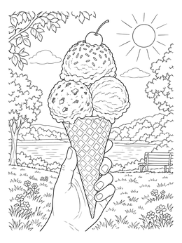 A hand holds a waffle cone with three scoops in this ice cream scoops coloring page.