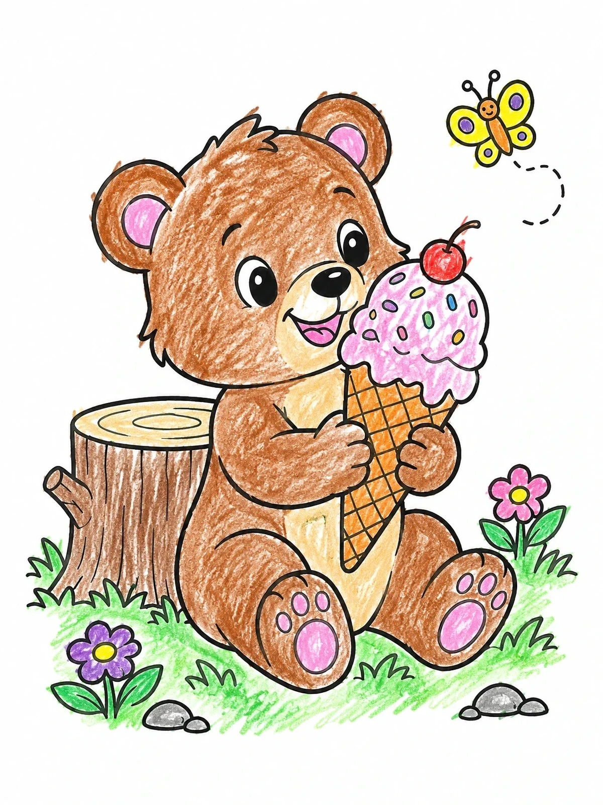 Colored example of the Cute Bear Cub With Waffle Cone coloring page