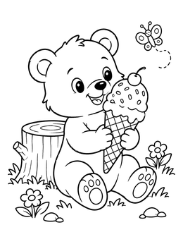 A cheerful baby bear holds a cone in this ice cream coloring page.