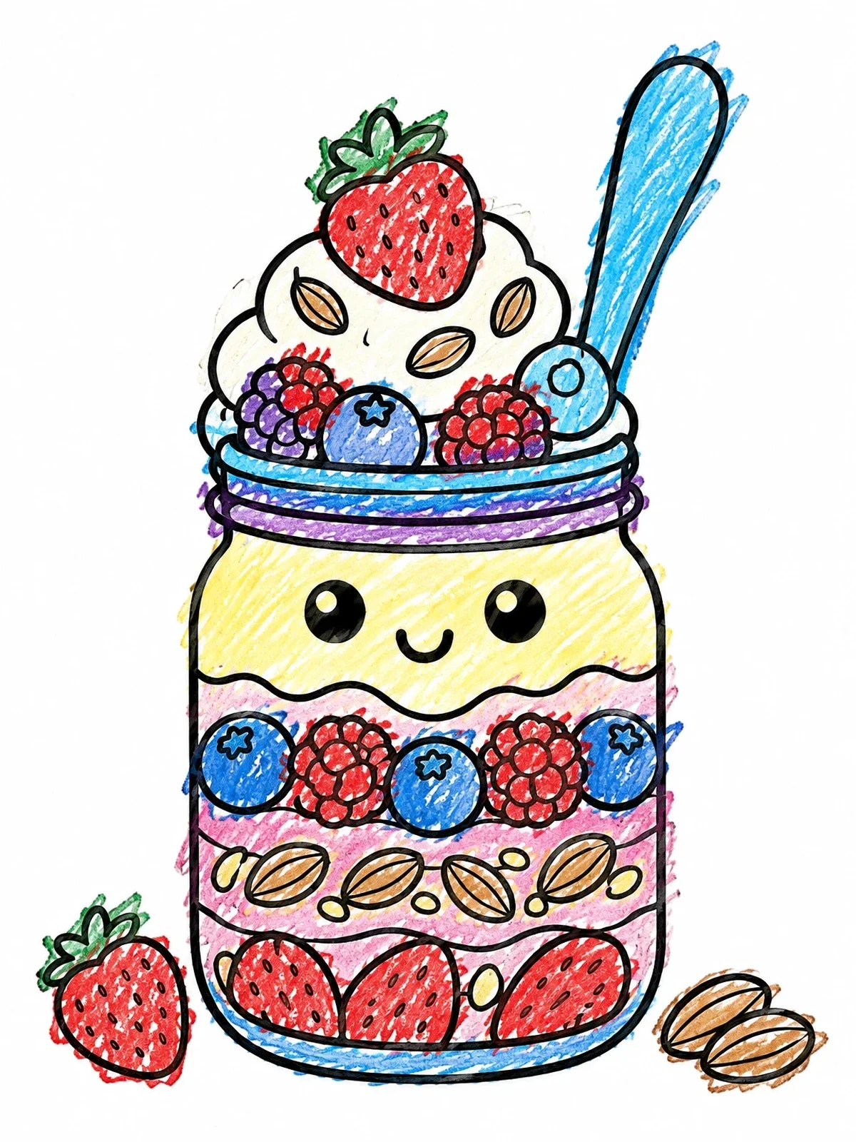 Colored example of the Cute Mason Jar Berry Parfait coloring page