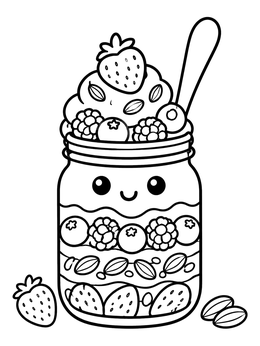 A sweet ice cream coloring page featuring a smiling jar filled with fruit and topped with cream.