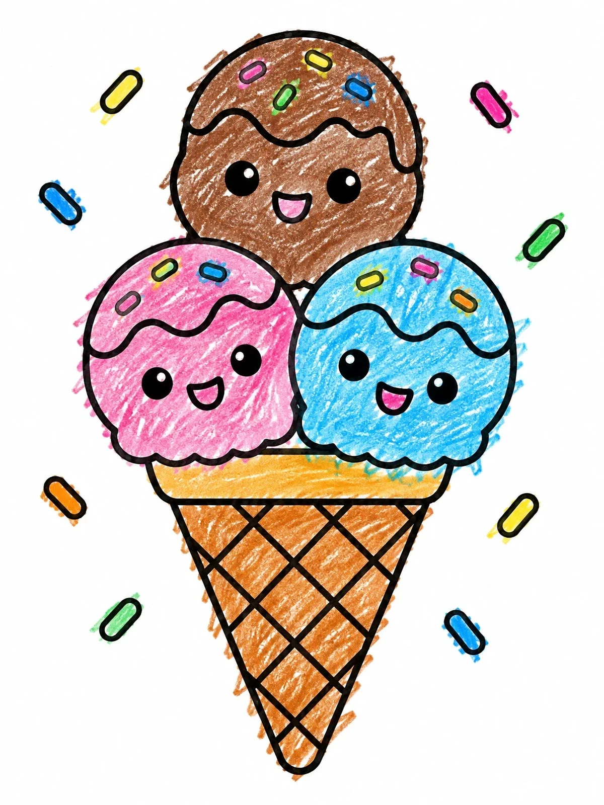 Colored example of the Cute Smiling Ice Cream Cone coloring page