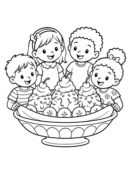 Happy children gathered around a giant sundae in this ice cream coloring page.