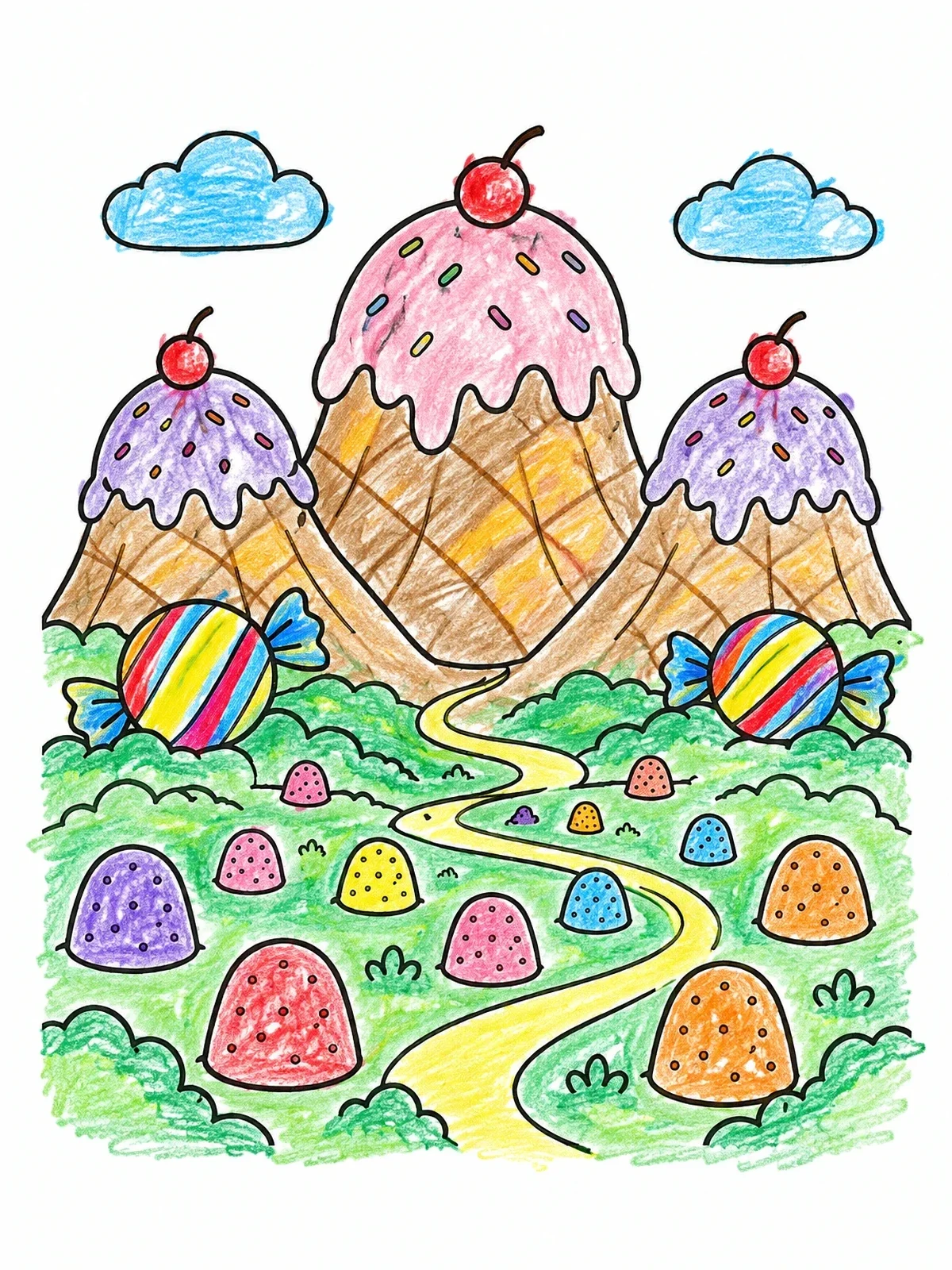 Colored example of the Ice Cream Mountains And Candy Land coloring page