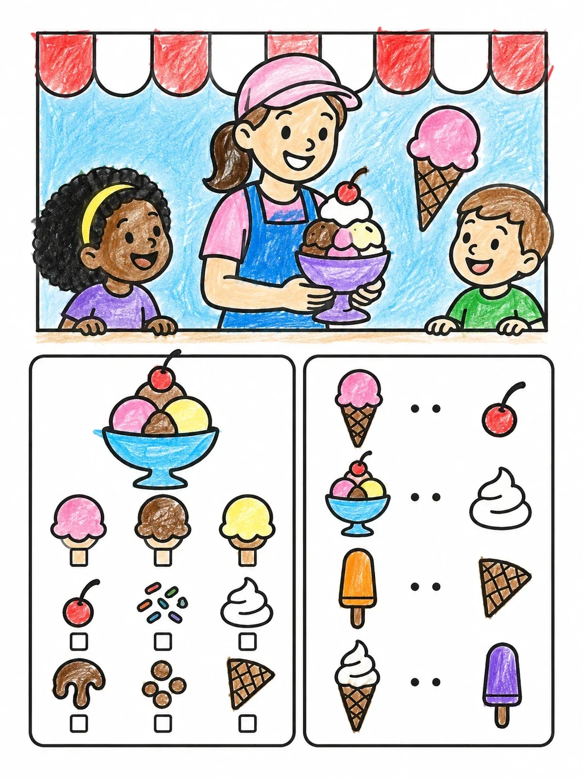 Colored example of the Ice Cream Parlor Activity Menu coloring page