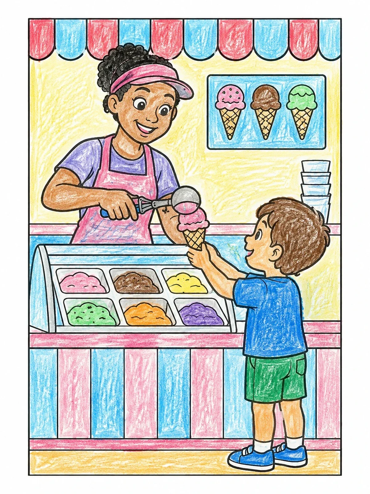 Colored example of the Ice Cream Parlor Server And Customer coloring page