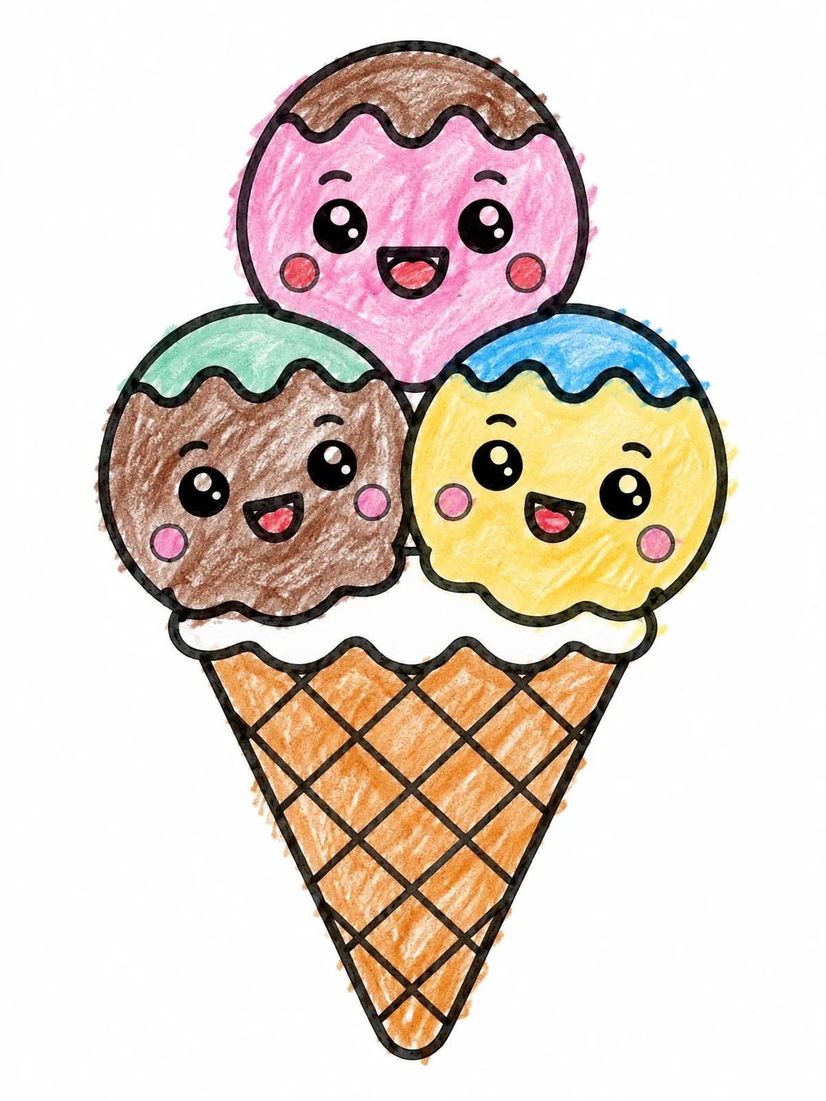 Colored example of the Cute Smiling Ice Cream Cone coloring page