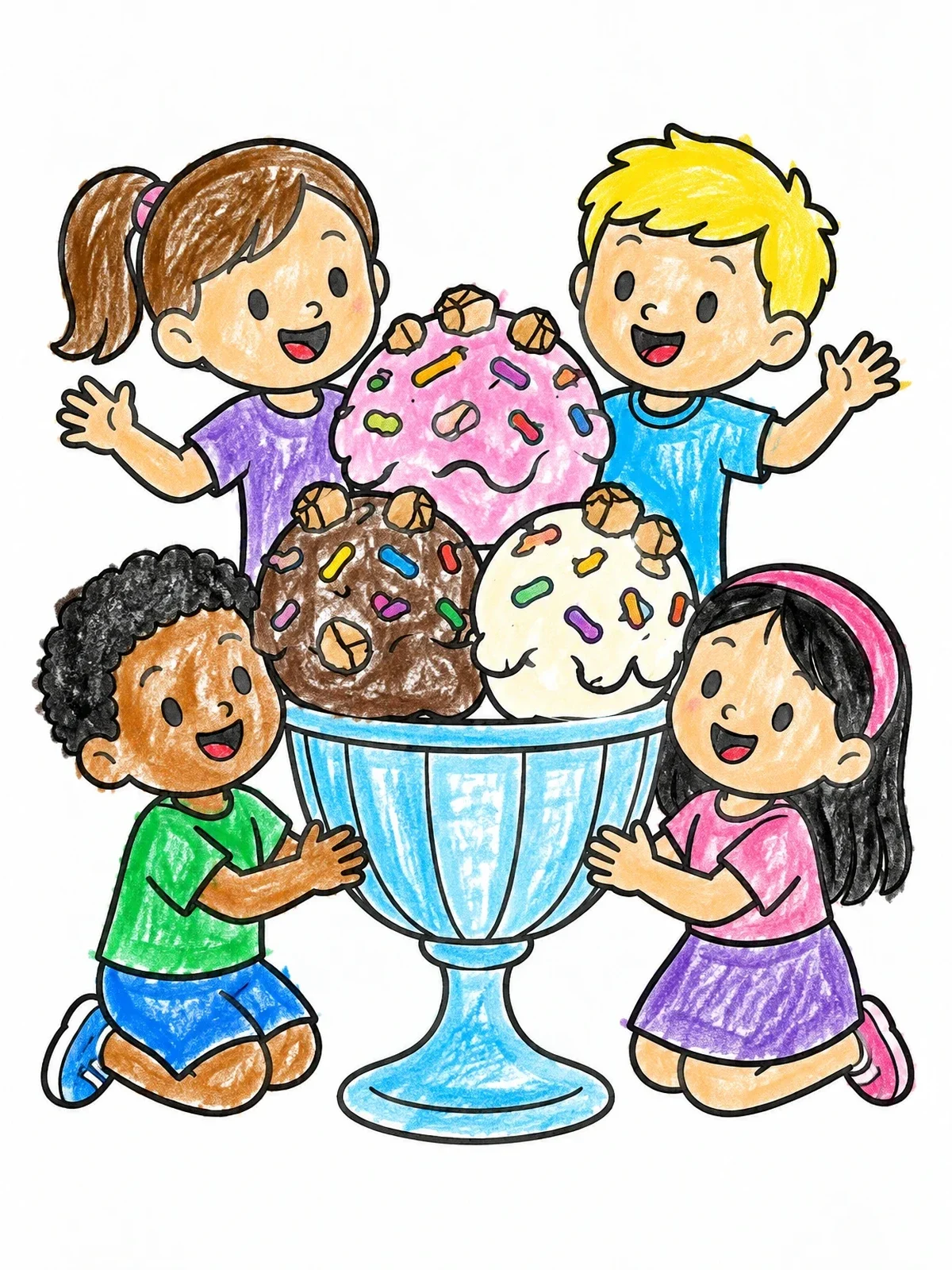 Colored example of the Kids With Giant Ice Cream Sundae coloring page