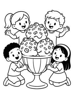 Children gathering happily around a giant ice cream scoops coloring page.