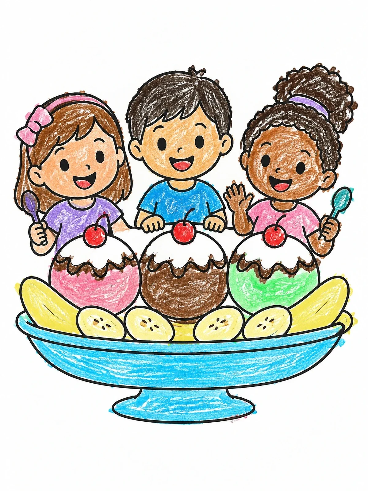 Colored example of the Children Sharing A Banana Split coloring page