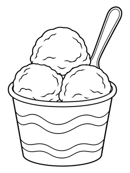 A sweet ice cream coloring page showing three scoops in a striped paper cup with a spoon.