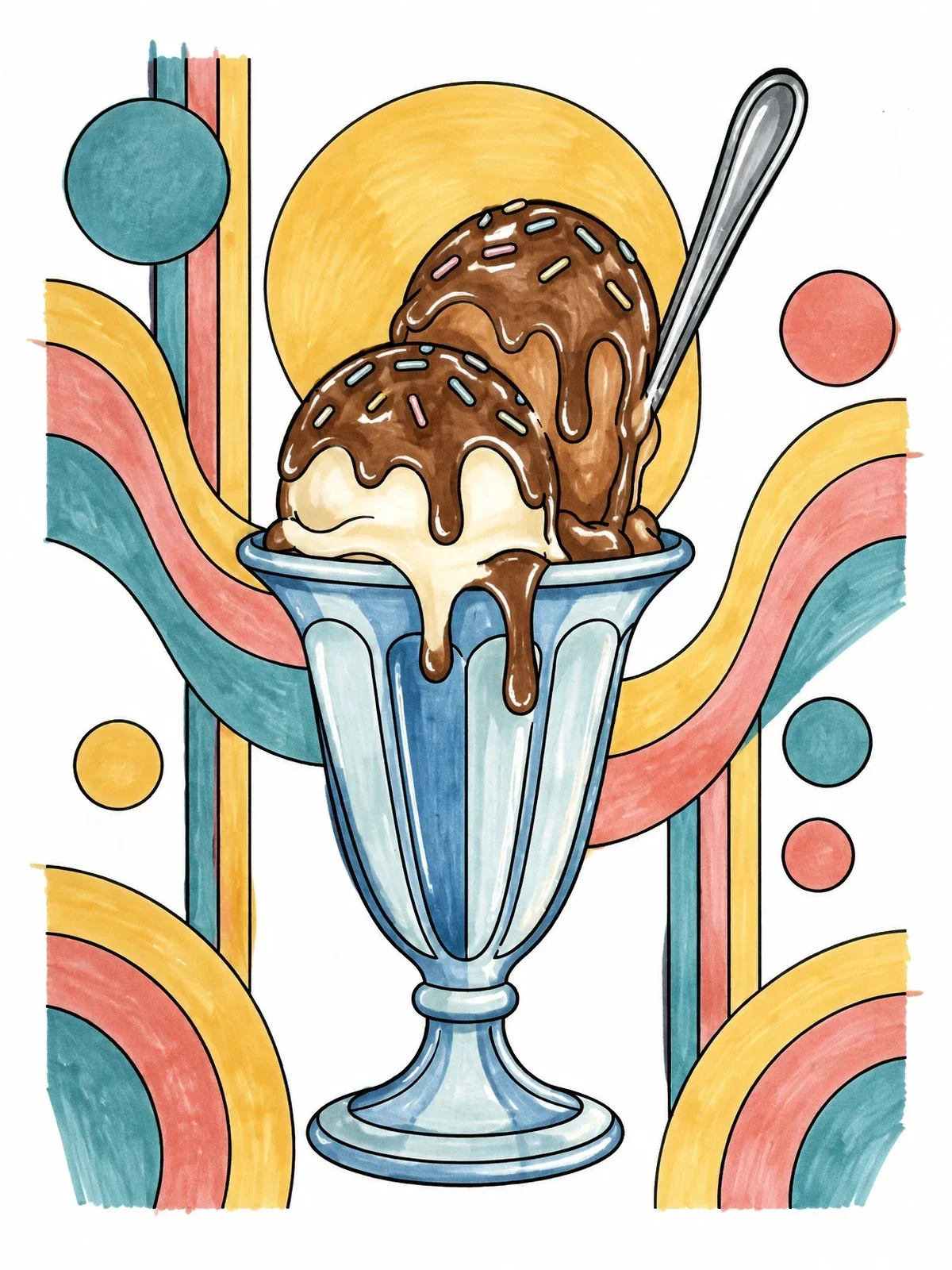 Colored example of the Retro Diner Sundae Glass coloring page