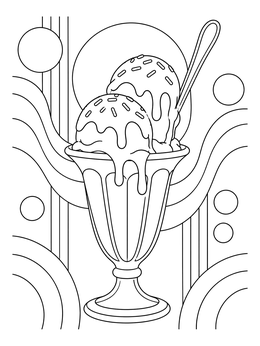 A retro ice cream scoops coloring page featuring a diner sundae glass filled with syrup and sprinkles.