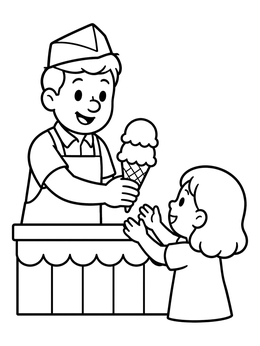 A friendly vendor serves a double scoop cone in this sweet ice cream coloring page.