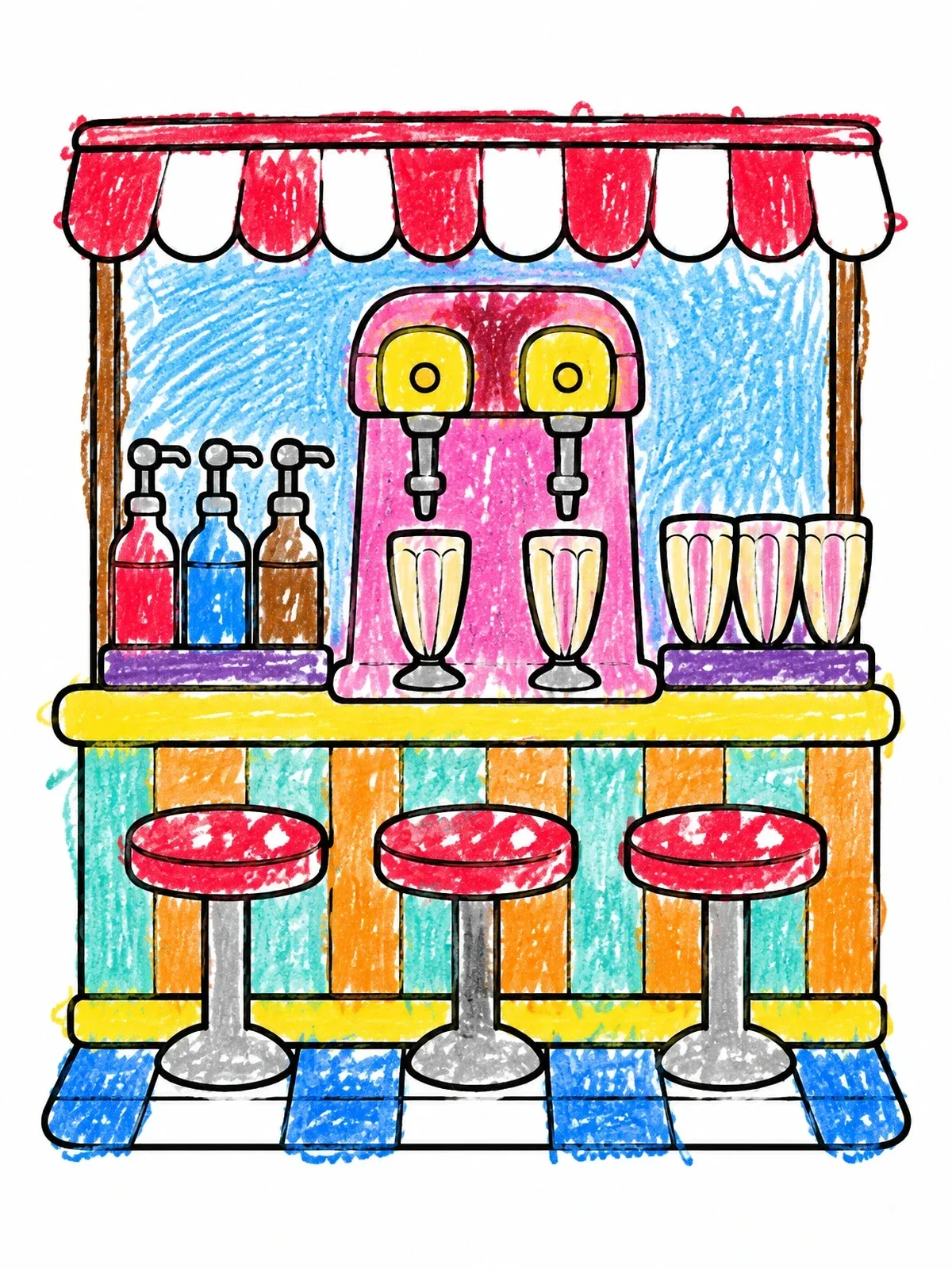 Colored example of the Vintage Ice Cream Soda Fountain Counter coloring page
