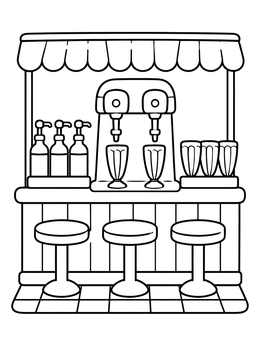 An ice cream coloring page showing a diner soda fountain with stools, dispensers, and sundae glasses.
