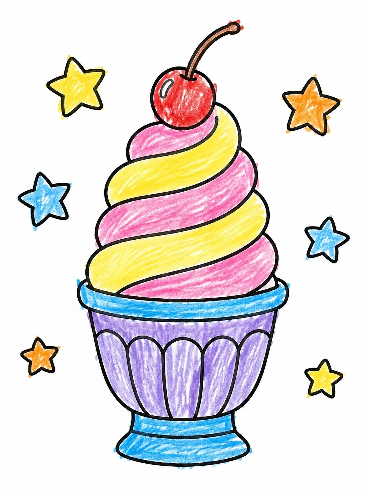 Colored example of the Soft Serve Sundae With Cherry And Stars coloring page