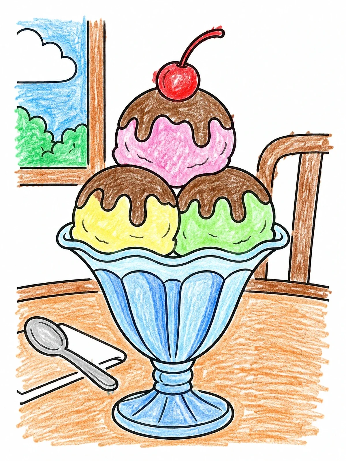 Colored example of the Ice Cream Sundae In A Tulip Glass coloring page
