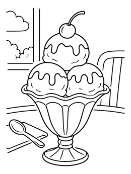 An ice cream coloring page showing three scoops with syrup and a cherry in a glass sundae cup.