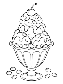 An ice cream sundae topped with whipped cream, a cherry, and jelly beans coloring page.