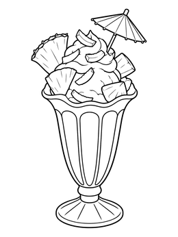 A tropical pineapple ice cream coloring page featuring a diner sundae glass with fruit slices and an umbrella.