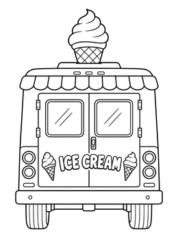 Rear view on an ice cream truck coloring page with rooftop cone and back doors.