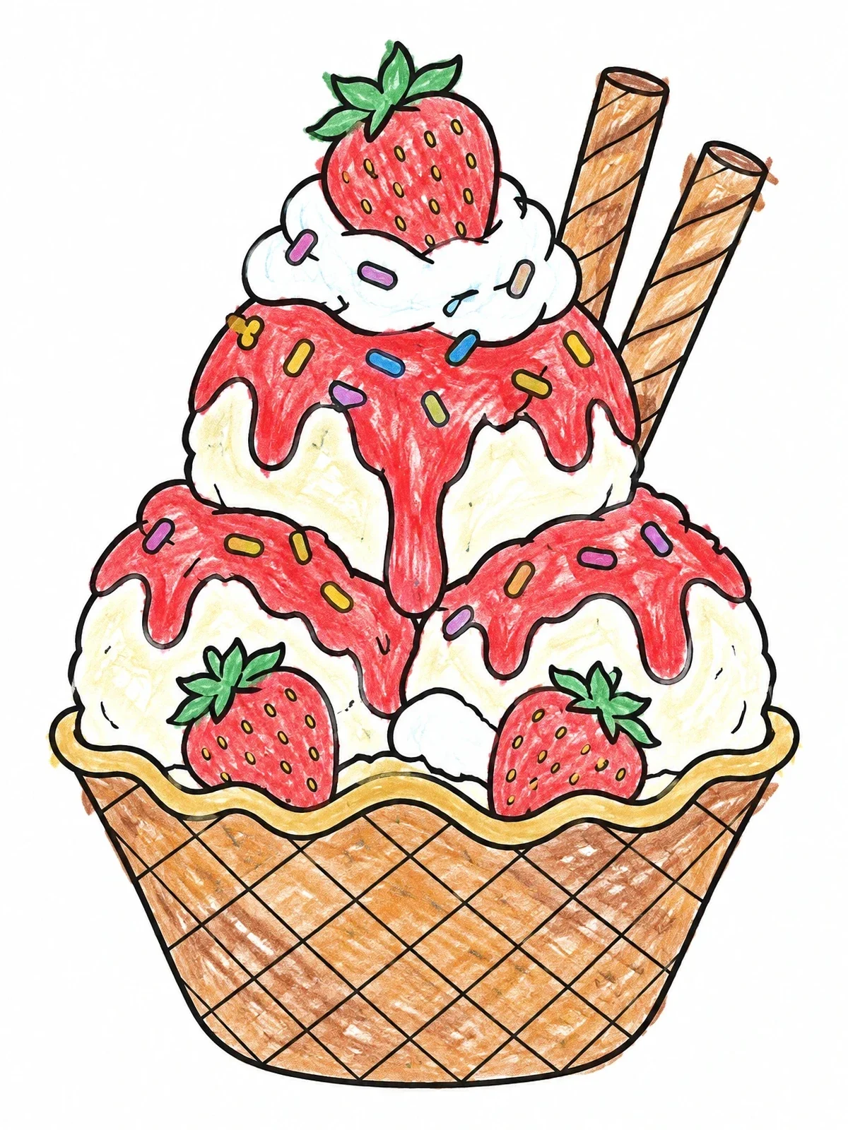 Colored example of the Waffle Bowl Sundae With Strawberries coloring page