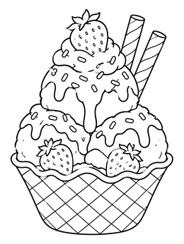 A waffle bowl sundae with toppings on an ice cream coloring page.